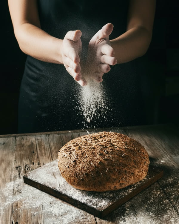 Hands dusting flour over a freshly baked sourdough loaf